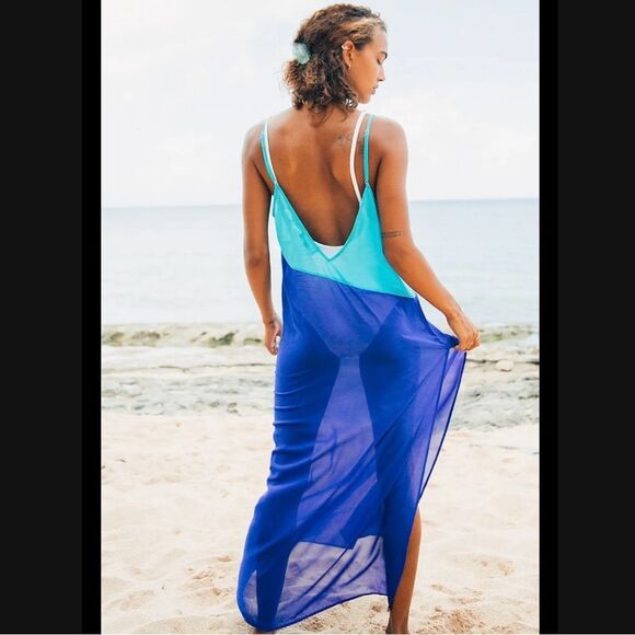 Lulus Turquoise & Blue Colorblock Sheer Breezy Maxi Cover Up Dress - Picture 1 of 10